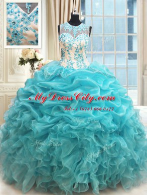 Fabulous Scoop Aqua Blue Organza Zipper 15th Birthday Dress Sleeveless Floor Length Appliques and Ruffles and Pick Ups