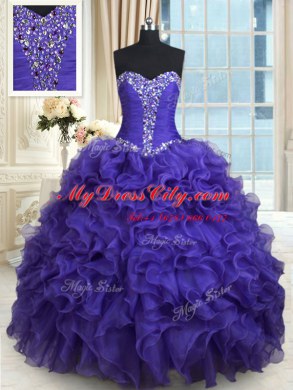 Purple Lace Up Sweetheart Beading and Ruffles Quinceanera Dresses Organza Sleeveless