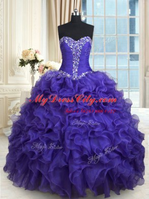 Purple Lace Up Sweetheart Beading and Ruffles Quinceanera Dresses Organza Sleeveless