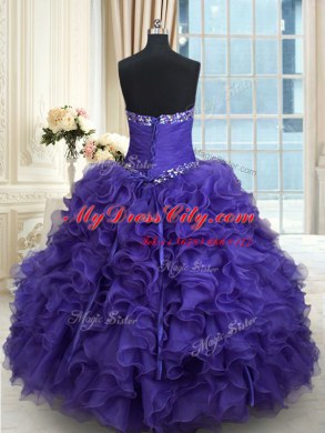 Purple Lace Up Sweetheart Beading and Ruffles Quinceanera Dresses Organza Sleeveless