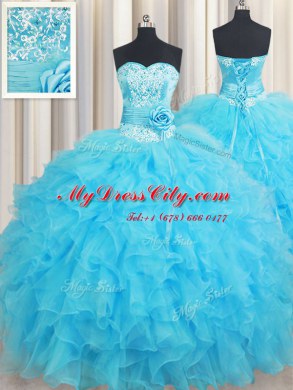 Baby Blue Sleeveless Organza Lace Up 15 Quinceanera Dress for Military Ball and Sweet 16 and Quinceanera