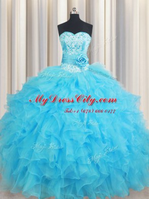 Baby Blue Sleeveless Organza Lace Up 15 Quinceanera Dress for Military Ball and Sweet 16 and Quinceanera