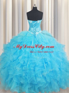 Baby Blue Sleeveless Organza Lace Up 15 Quinceanera Dress for Military Ball and Sweet 16 and Quinceanera