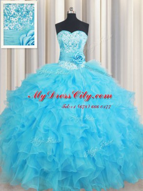 Baby Blue Sleeveless Organza Lace Up 15 Quinceanera Dress for Military Ball and Sweet 16 and Quinceanera