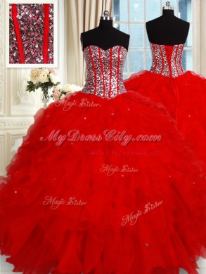 Flare Sequins Floor Length Red Sweet 16 Quinceanera Dress Sweetheart Sleeveless Lace Up