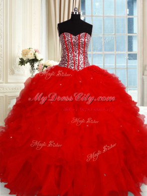 Flare Sequins Floor Length Red Sweet 16 Quinceanera Dress Sweetheart Sleeveless Lace Up