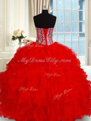 Flare Sequins Floor Length Red Sweet 16 Quinceanera Dress Sweetheart Sleeveless Lace Up