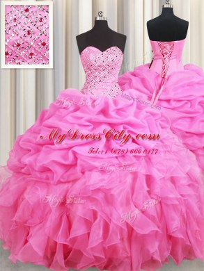 Glamorous Rose Pink Sleeveless Beading and Ruffles and Pick Ups Floor Length Sweet 16 Dress