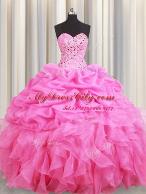 Glamorous Rose Pink Sleeveless Beading and Ruffles and Pick Ups Floor Length Sweet 16 Dress