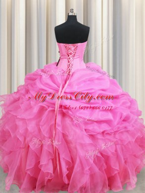 Glamorous Rose Pink Sleeveless Beading and Ruffles and Pick Ups Floor Length Sweet 16 Dress