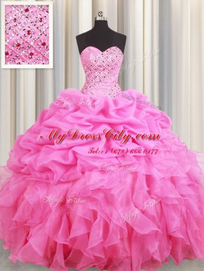 Glamorous Rose Pink Sleeveless Beading and Ruffles and Pick Ups Floor Length Sweet 16 Dress