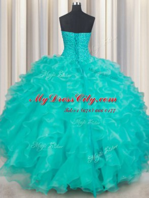 Excellent Sweetheart Sleeveless Sweet 16 Dresses Floor Length Beading and Ruffles Turquoise Organza