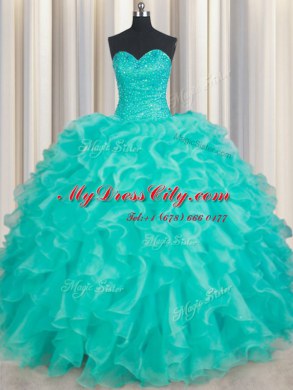 Excellent Sweetheart Sleeveless Sweet 16 Dresses Floor Length Beading and Ruffles Turquoise Organza