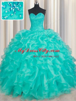 Excellent Sweetheart Sleeveless Sweet 16 Dresses Floor Length Beading and Ruffles Turquoise Organza