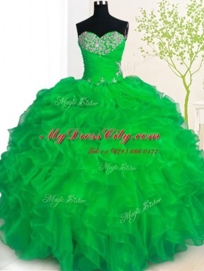 High Class Sleeveless Floor Length Beading and Ruffles Lace Up Sweet 16 Dresses with Green