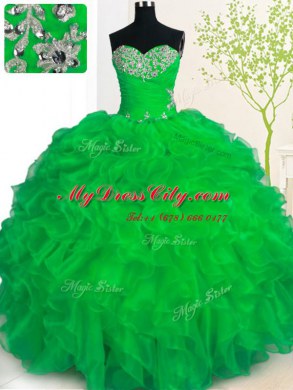 High Class Sleeveless Floor Length Beading and Ruffles Lace Up Sweet 16 Dresses with Green