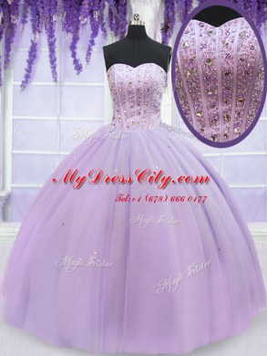 Lavender Ball Gowns Sweetheart Sleeveless Organza Floor Length Lace Up Beading Quinceanera Dresses