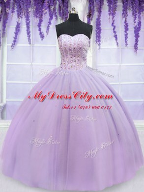 Lavender Ball Gowns Sweetheart Sleeveless Organza Floor Length Lace Up Beading Quinceanera Dresses