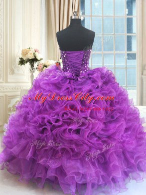 Sweet Beading and Ruffles Sweet 16 Dresses Eggplant Purple Lace Up Sleeveless Floor Length