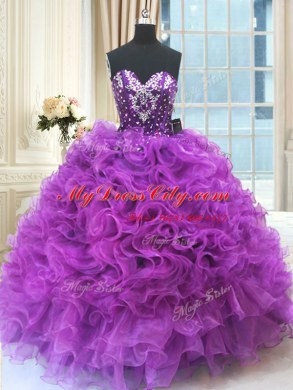 Sweet Beading and Ruffles Sweet 16 Dresses Eggplant Purple Lace Up Sleeveless Floor Length