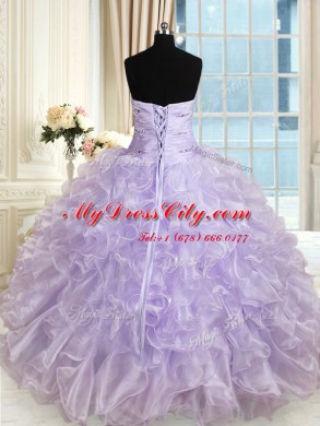 High Quality Lavender Ball Gowns Organza Sweetheart Sleeveless Beading and Ruffles Floor Length Lace Up Vestidos de Quinceanera