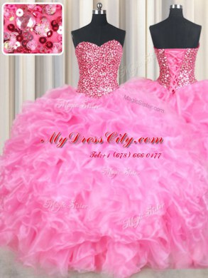 Beading and Ruffles and Sequins 15th Birthday Dress Rose Pink Lace Up Sleeveless Floor Length