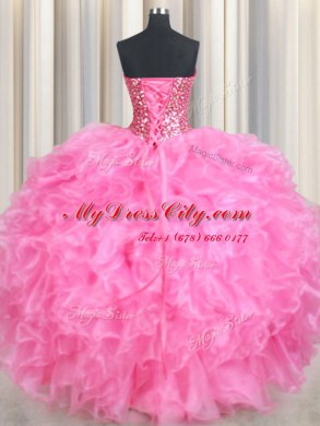 Beading and Ruffles and Sequins 15th Birthday Dress Rose Pink Lace Up Sleeveless Floor Length