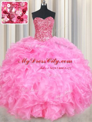 Beading and Ruffles and Sequins 15th Birthday Dress Rose Pink Lace Up Sleeveless Floor Length