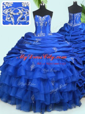 Organza and Taffeta Sweetheart Sleeveless Court Train Lace Up Beading and Ruffled Layers and Pick Ups 15th Birthday Dress in Royal Blue