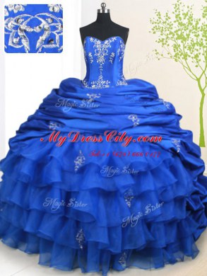 Organza and Taffeta Sweetheart Sleeveless Court Train Lace Up Beading and Ruffled Layers and Pick Ups 15th Birthday Dress in Royal Blue