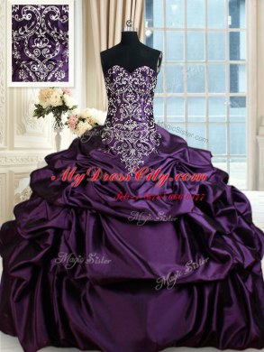 Sweetheart Sleeveless Sweet 16 Quinceanera Dress Floor Length Beading and Embroidery and Pick Ups Purple Taffeta