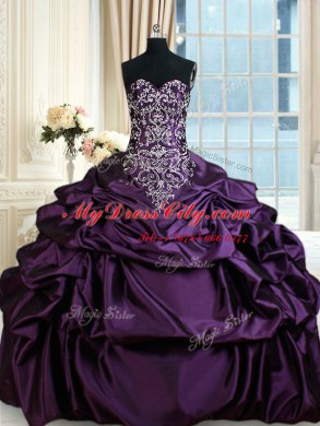 Sweetheart Sleeveless Sweet 16 Quinceanera Dress Floor Length Beading and Embroidery and Pick Ups Purple Taffeta