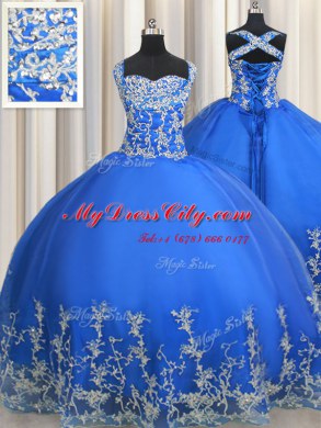 Delicate Blue Ball Gowns Straps Sleeveless Tulle Floor Length Lace Up Beading and Appliques 15th Birthday Dress