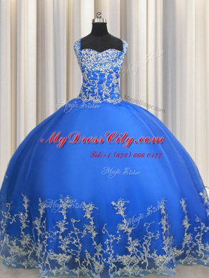 Delicate Blue Ball Gowns Straps Sleeveless Tulle Floor Length Lace Up Beading and Appliques 15th Birthday Dress