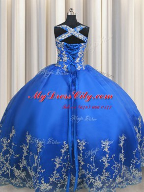 Delicate Blue Ball Gowns Straps Sleeveless Tulle Floor Length Lace Up Beading and Appliques 15th Birthday Dress