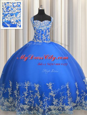 Delicate Blue Ball Gowns Straps Sleeveless Tulle Floor Length Lace Up Beading and Appliques 15th Birthday Dress