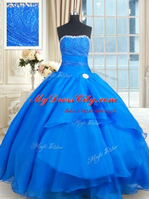 Beading and Lace and Sequins Quince Ball Gowns Blue Lace Up Sleeveless Floor Length Court Train