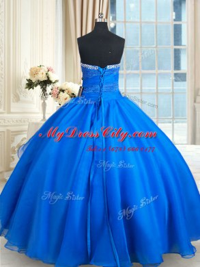 Beading and Lace and Sequins Quince Ball Gowns Blue Lace Up Sleeveless Floor Length Court Train