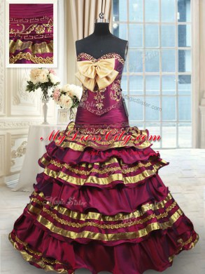 With Train Lace Up Quinceanera Gowns Burgundy for Military Ball and Sweet 16 and Quinceanera with Beading and Ruffled Layers and Bowknot Brush Train