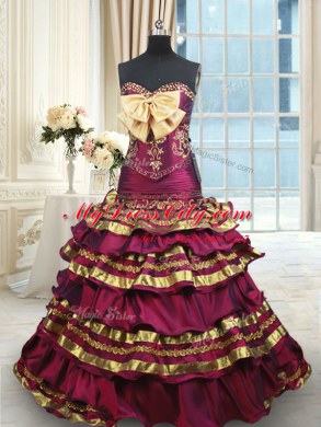 With Train Lace Up Quinceanera Gowns Burgundy for Military Ball and Sweet 16 and Quinceanera with Beading and Ruffled Layers and Bowknot Brush Train