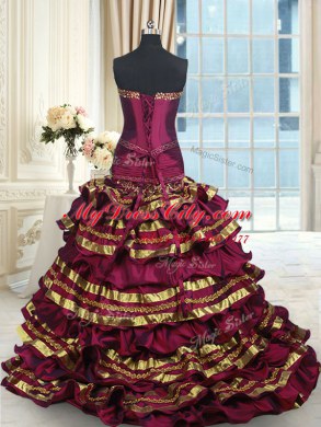 With Train Lace Up Quinceanera Gowns Burgundy for Military Ball and Sweet 16 and Quinceanera with Beading and Ruffled Layers and Bowknot Brush Train