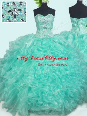 Superior Turquoise 15th Birthday Dress Military Ball and Sweet 16 and Quinceanera and For with Beading and Ruffles Sweetheart Sleeveless Lace Up