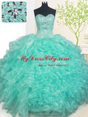 Superior Turquoise 15th Birthday Dress Military Ball and Sweet 16 and Quinceanera and For with Beading and Ruffles Sweetheart Sleeveless Lace Up