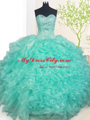 Superior Turquoise 15th Birthday Dress Military Ball and Sweet 16 and Quinceanera and For with Beading and Ruffles Sweetheart Sleeveless Lace Up