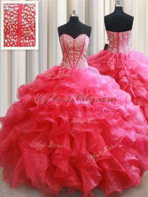 Discount Beading and Ruffles Sweet 16 Dress Coral Red Lace Up Sleeveless Floor Length