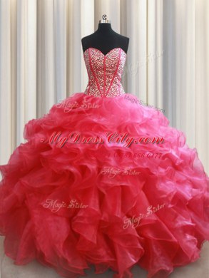 Discount Beading and Ruffles Sweet 16 Dress Coral Red Lace Up Sleeveless Floor Length