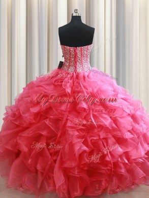 Discount Beading and Ruffles Sweet 16 Dress Coral Red Lace Up Sleeveless Floor Length