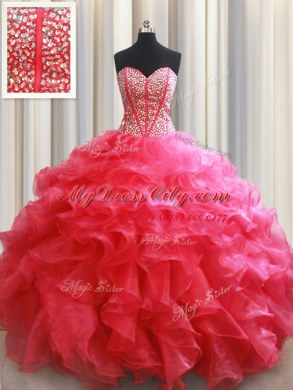 Discount Beading and Ruffles Sweet 16 Dress Coral Red Lace Up Sleeveless Floor Length