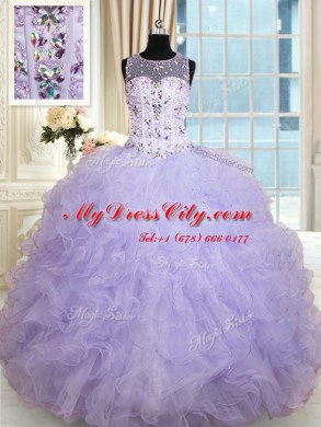 Excellent Scoop Floor Length Lavender Quinceanera Dress Tulle Sleeveless Beading and Ruffles