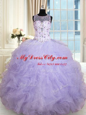 Excellent Scoop Floor Length Lavender Quinceanera Dress Tulle Sleeveless Beading and Ruffles